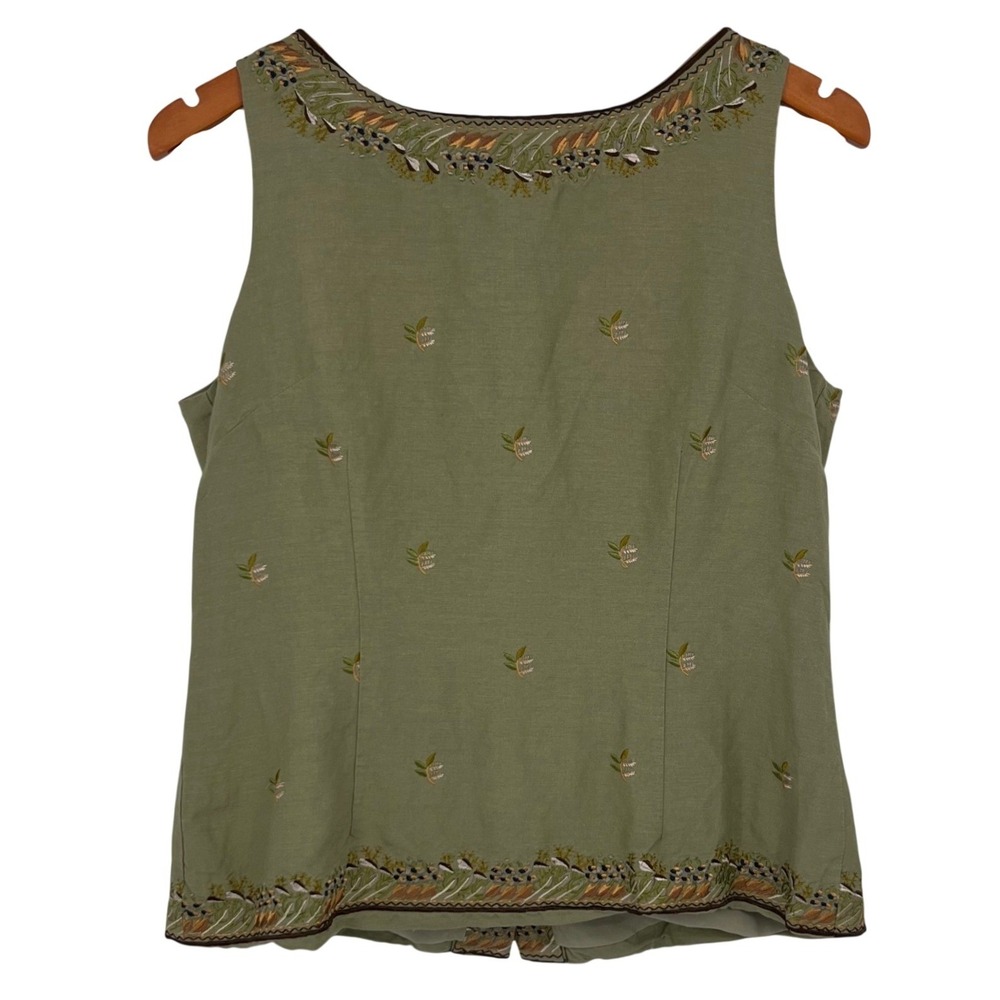 Vintage Poetic Women's Top Pants Set Size 11/12‎ Green Embroidered Linen 90s